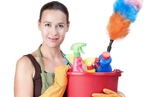 Professional cleaner preparing carpet cleaning equipment in a Hirecarpet home