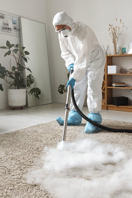 A professional carpet cleaner from Hire Carpet Cleaners, dressed in a full protective suit including a white coverall, face mask, gloves, and shoe covers, is using a steam extraction machine to deep c
